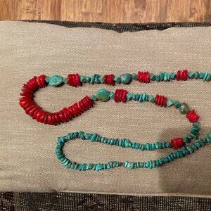 40-inch long turquoise and coral necklace